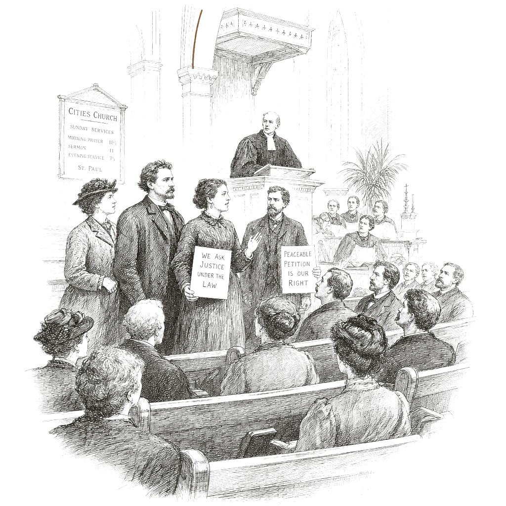 Illustration accompanying article: Protesters interrupted a worship service in St. Paul, charged under federal law