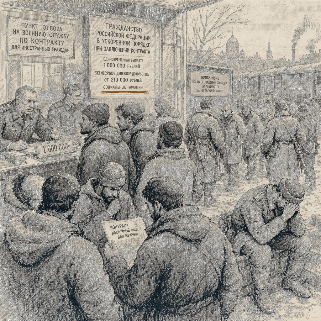 Illustration accompanying article: Russia recruits foreigners with cash, prisoner release as war drains troops