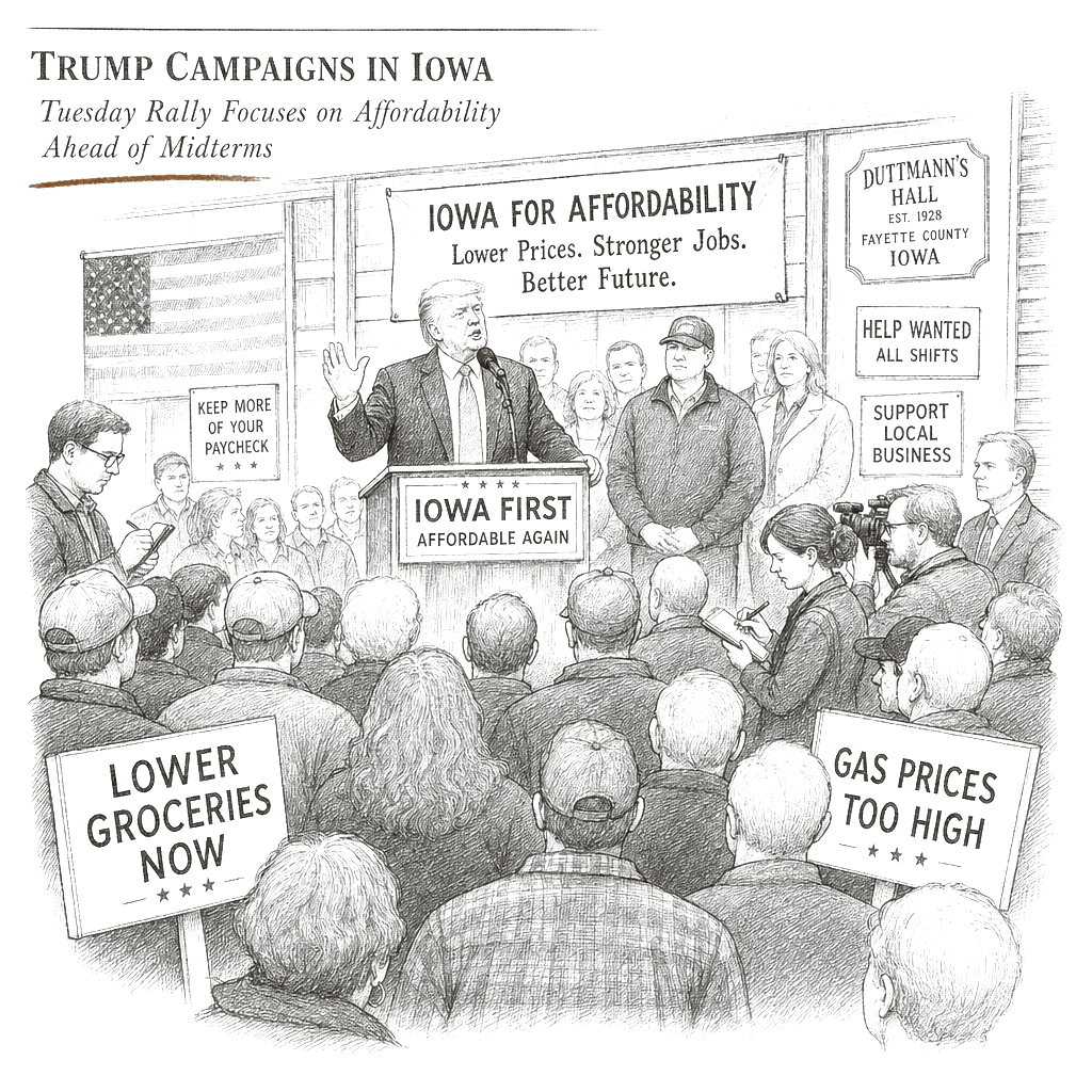 Illustration accompanying article: Trump campaigns on affordability in Iowa ahead of midterms