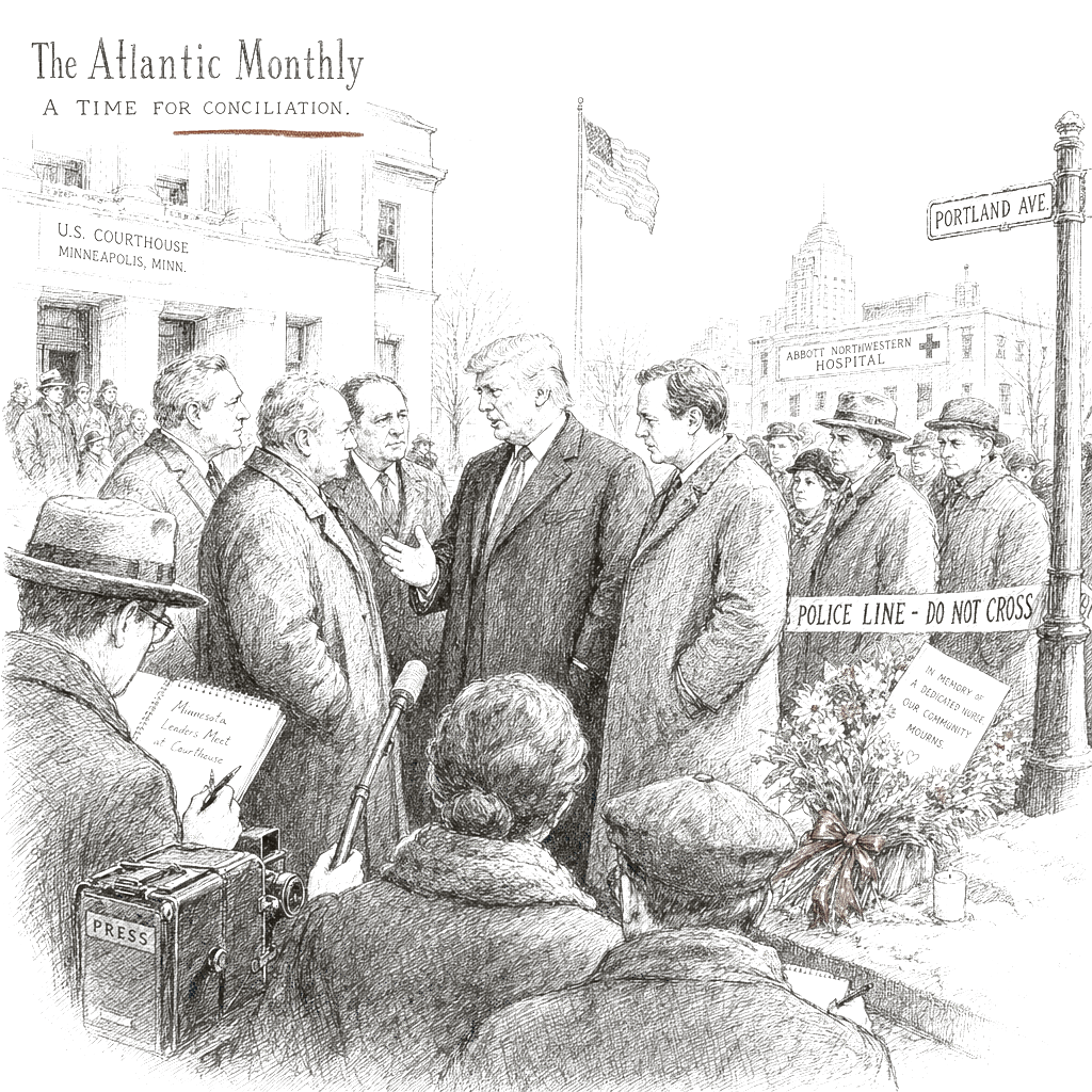 Illustration accompanying article: Trump shifts Minnesota approach after federal shooting kills nurse