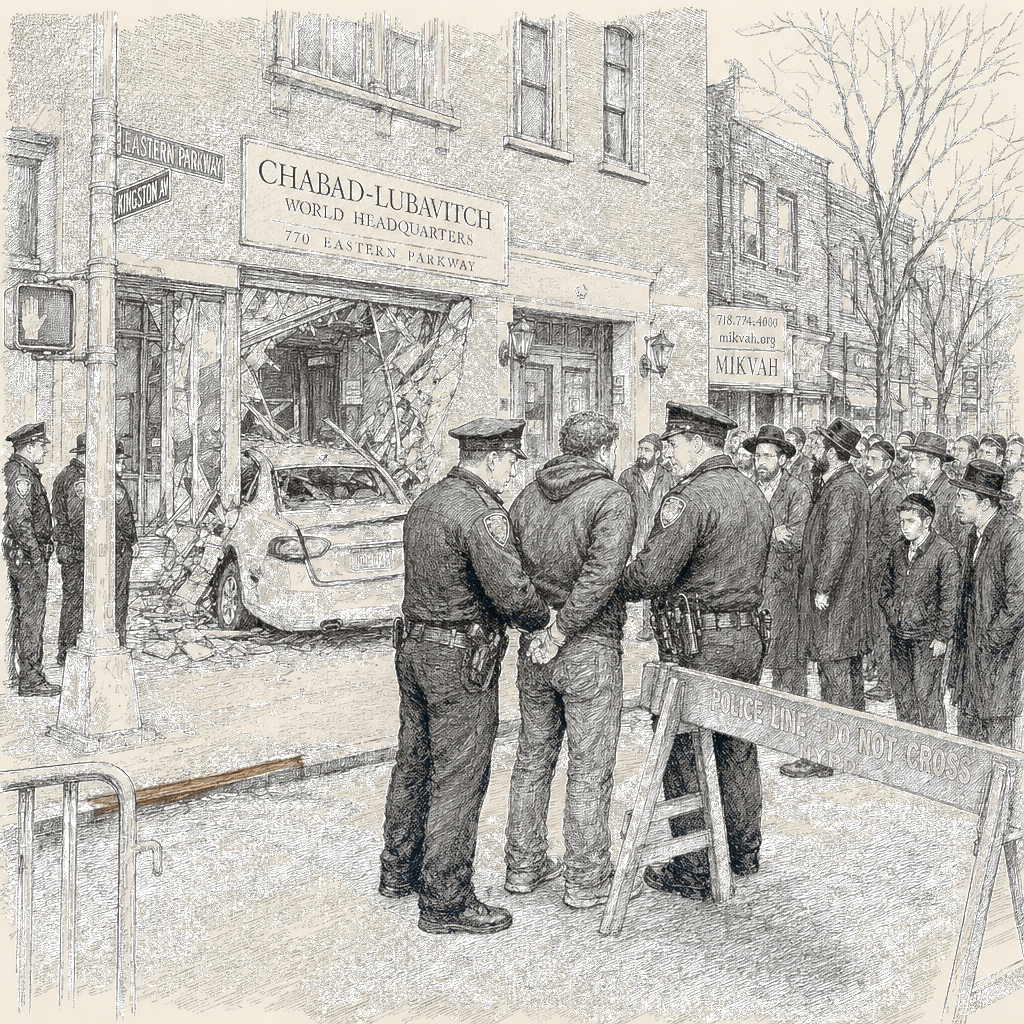 Illustration accompanying article: Man arrested after car rams Chabad headquarters in NYC, probe possible hate