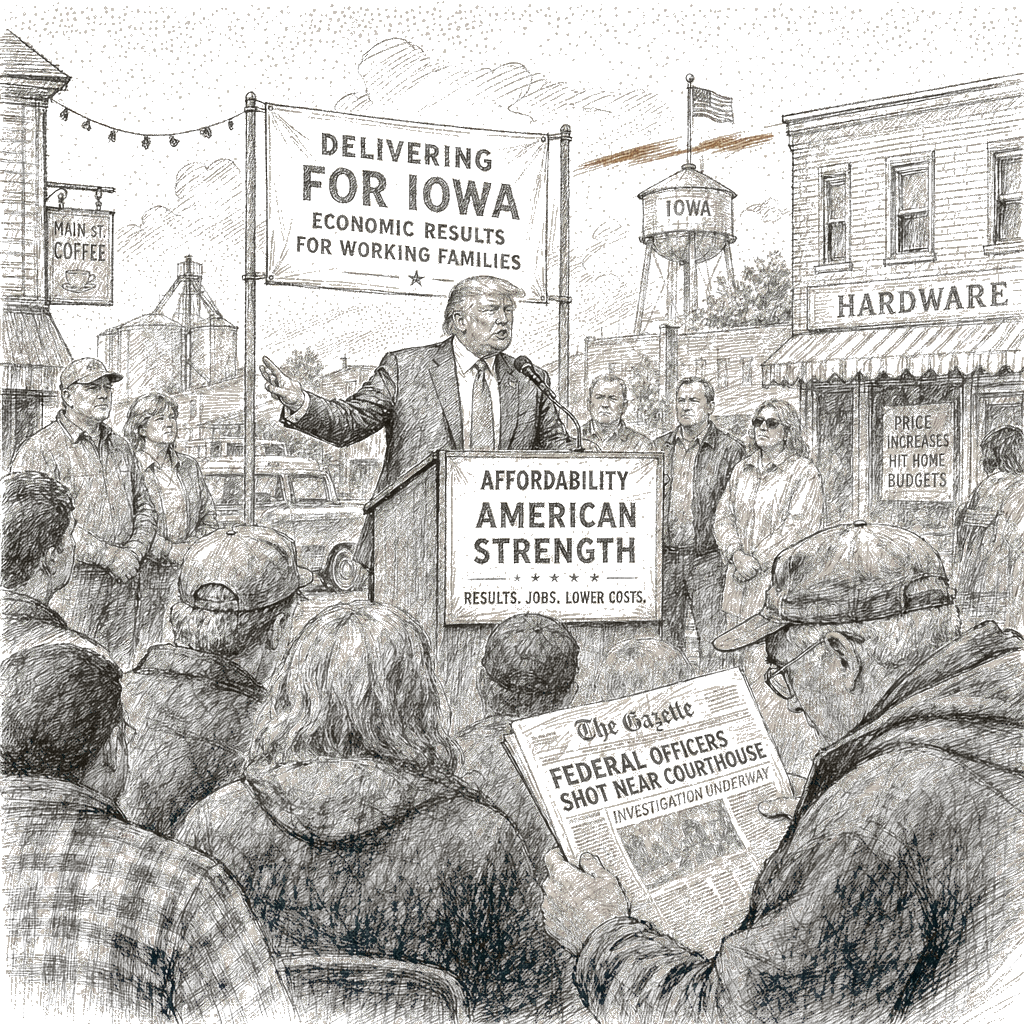 Illustration accompanying article: Trump pitches affordability in Iowa amid federal shooting fallout