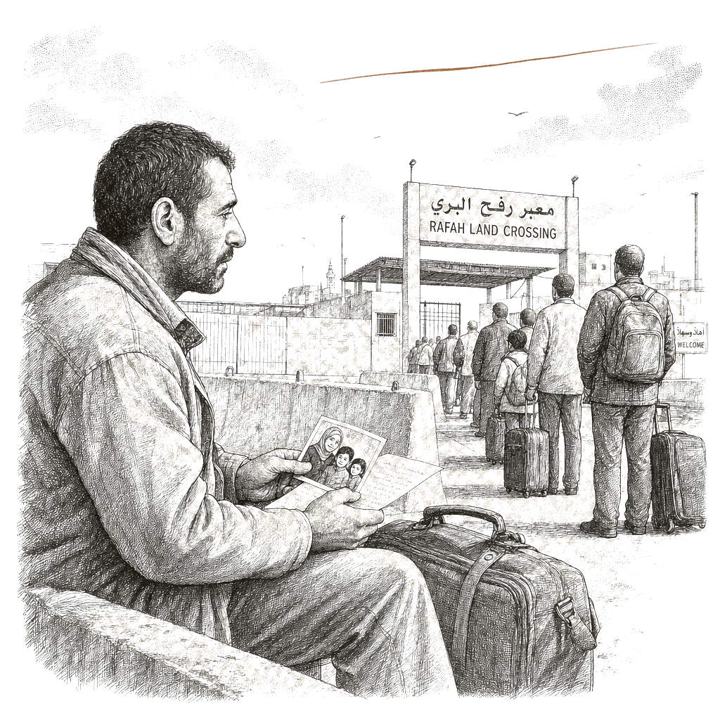 Illustration accompanying article: Father awaits Rafah crossing reopening to reunite with family in Gaza