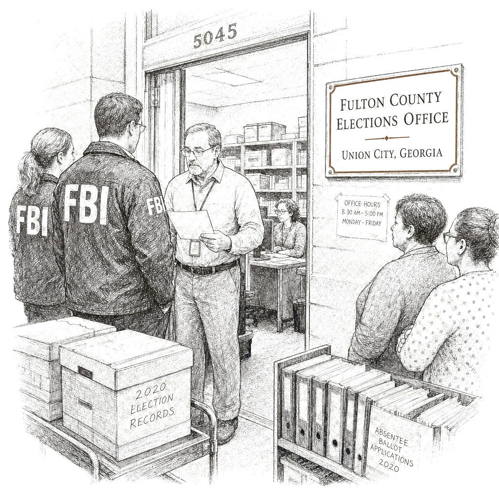 Illustration accompanying article: FBI executes search warrant at Fulton County elections office for 2020 records