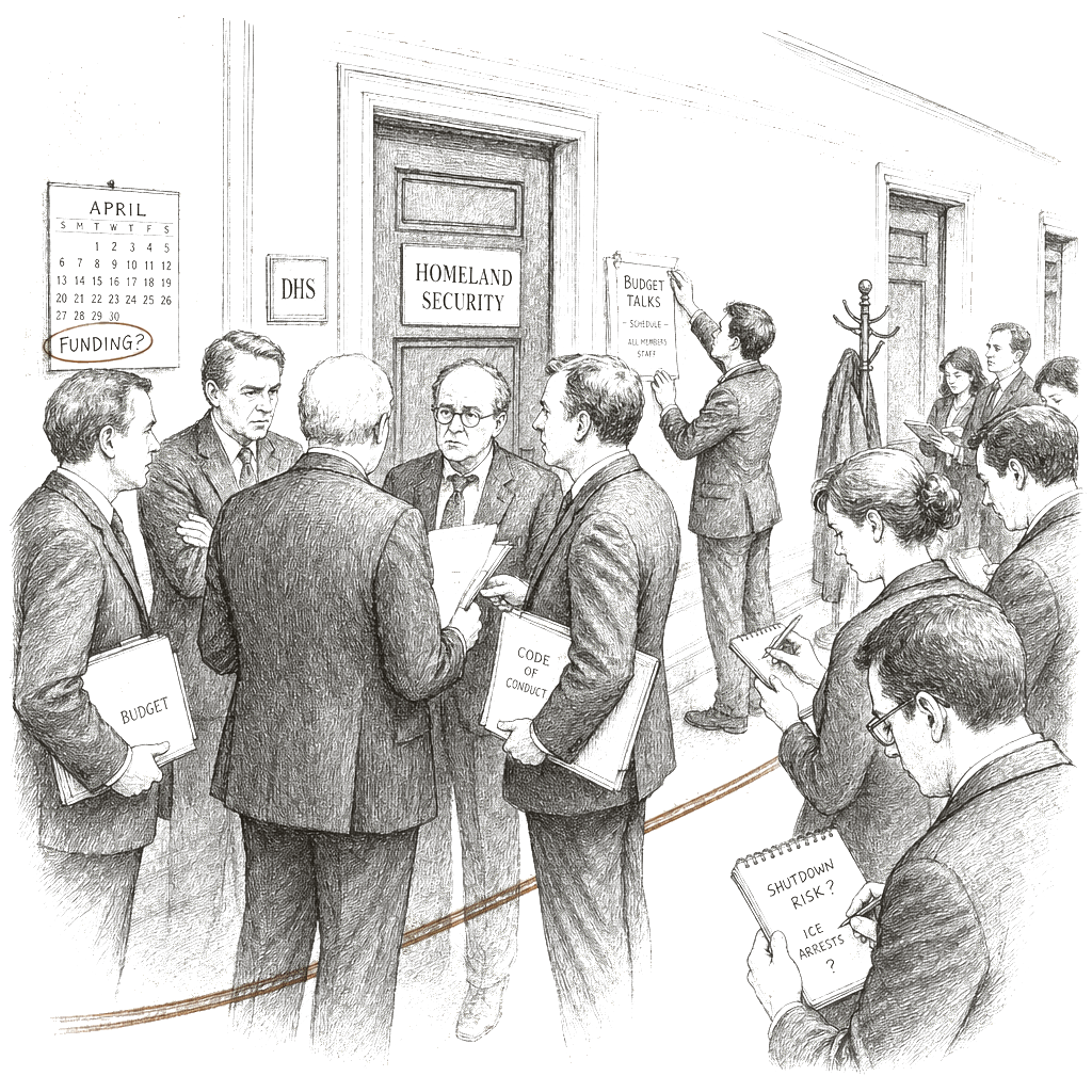Illustration accompanying article: Partial shutdown seems increasingly likely as Democrats demand ICE changes