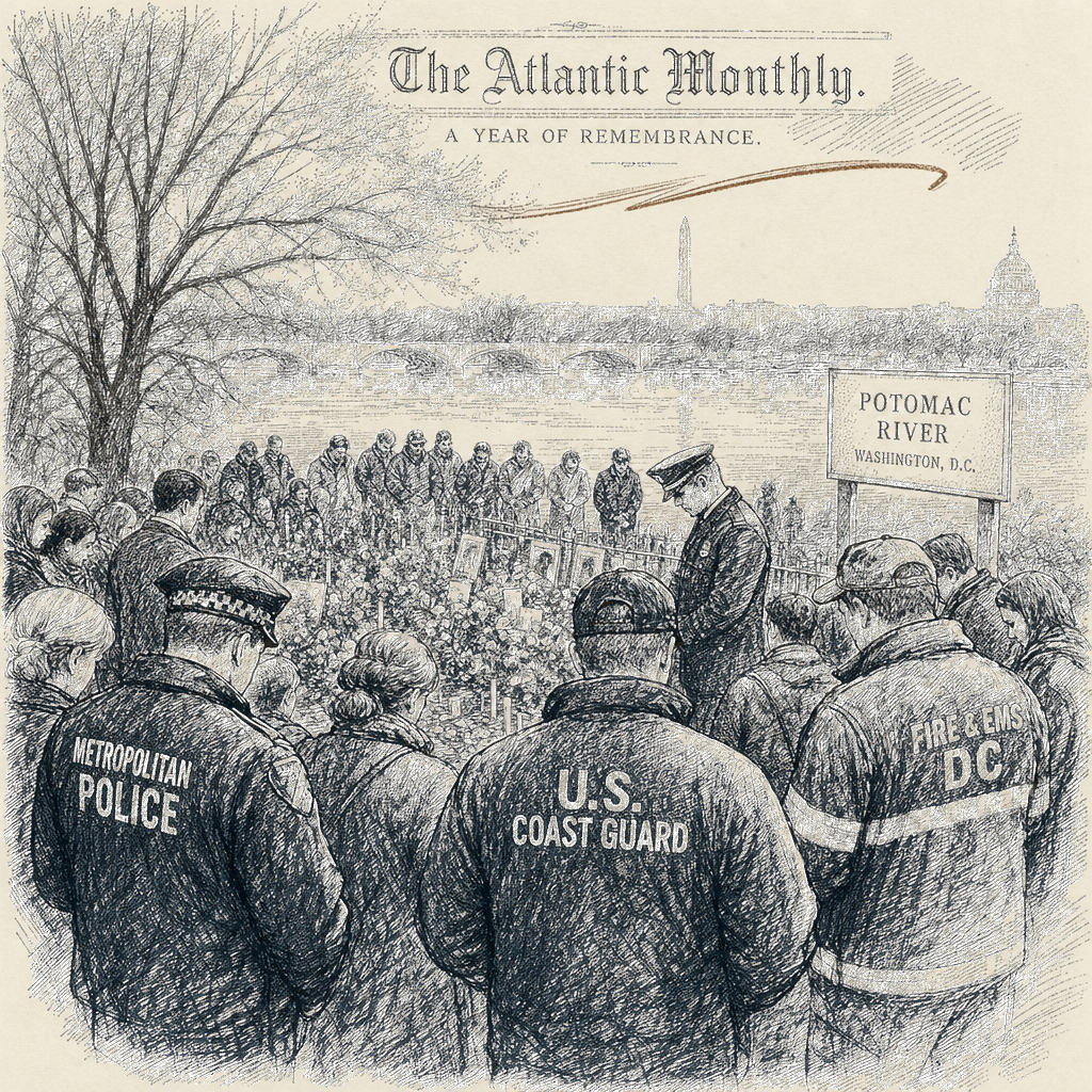 Illustration accompanying article: Responders recall grim recovery a year after DC midair collision