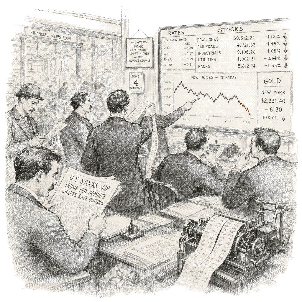 Illustration accompanying article: US stocks slip as Trump Fed nominee shakes rates; gold drops