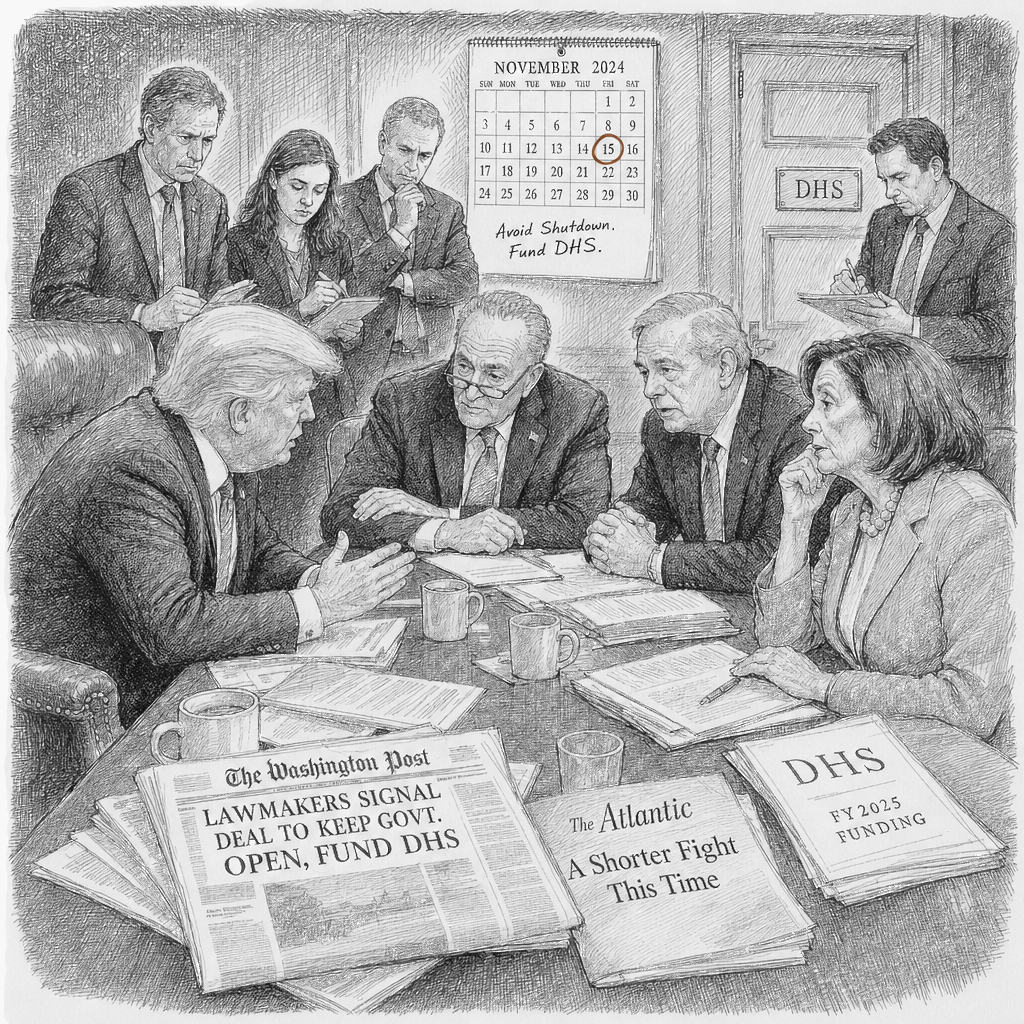 Illustration accompanying article: Trump urges quick deal on DHS funding, shifting tone from last shutdown