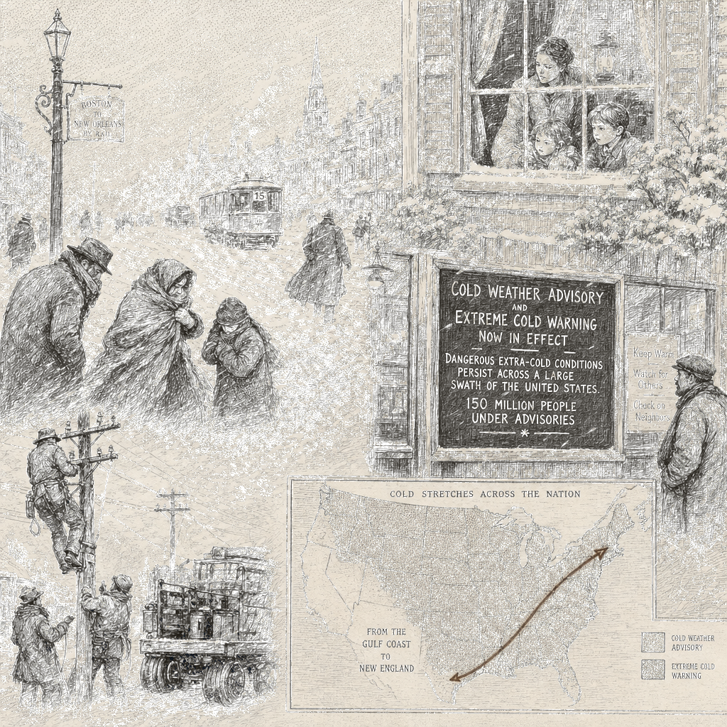 Illustration accompanying article: 150 million people in US under cold weather advisories and extreme cold warnings