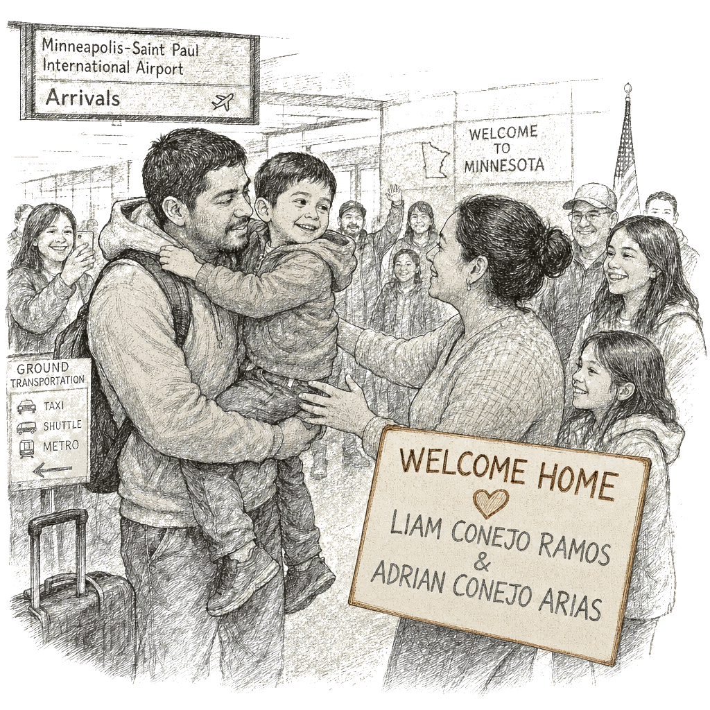 Illustration accompanying article: 5-year-old and his dad return to Minnesota from ICE facility in Texas