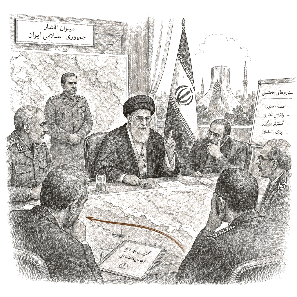 Illustration accompanying article: Iran’s Khamenei warns US that any attack would spark regional war