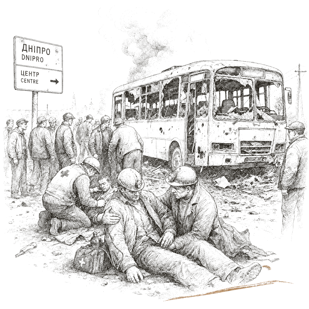 Illustration accompanying article: Russian drones hit Dnipro bus, killing at least 12 mineworkers
