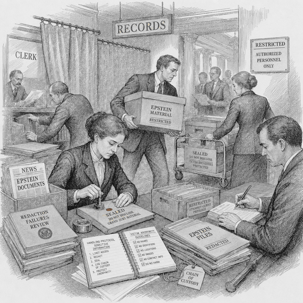 Illustration accompanying article: DOJ takes down Epstein files after redaction failures may expose victims