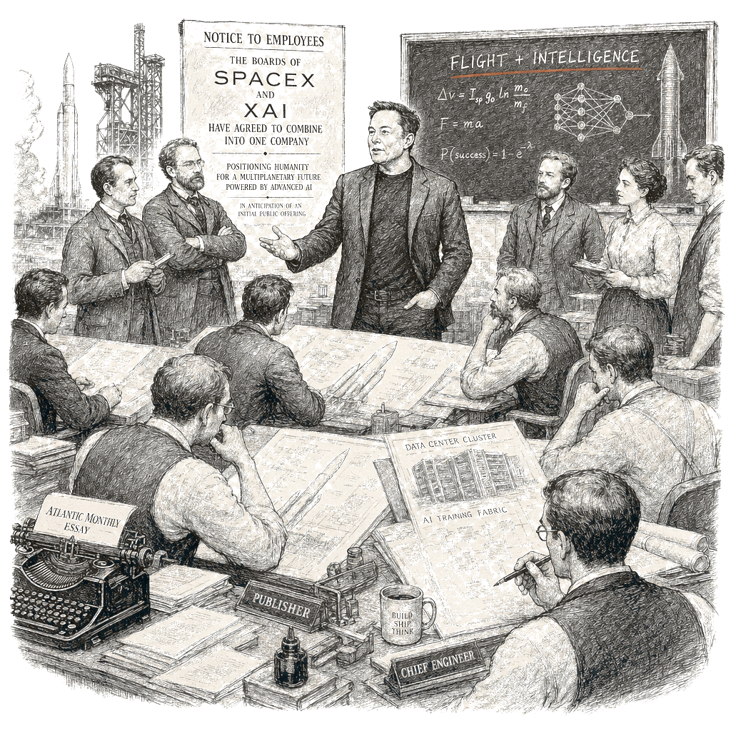 Illustration accompanying article: Elon Musk to combine SpaceX and xAI businesses ahead of IPO
