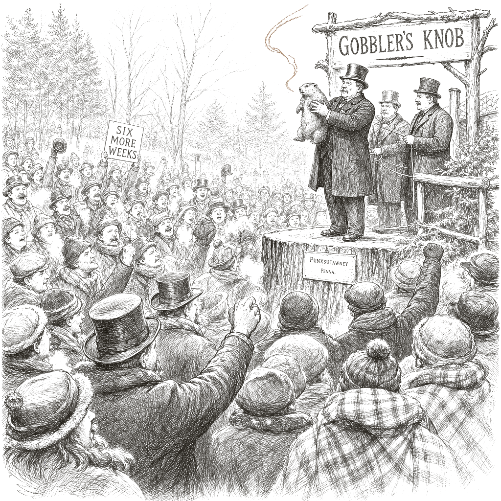 Illustration accompanying article: Punxsutawney Phil forecasts 6 more weeks of winter as crowds gather