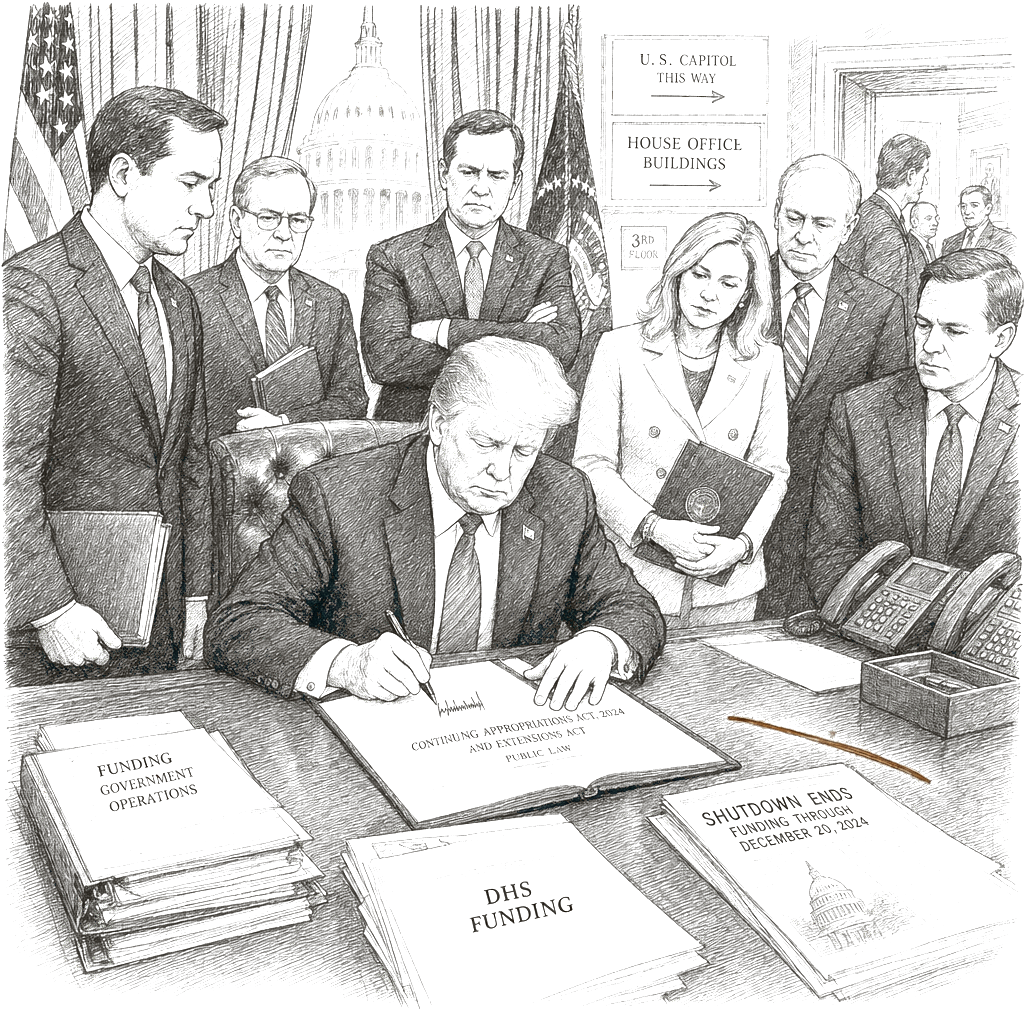 Illustration accompanying article: Trump signs $1.2 trillion bill ending partial shutdown, sets DHS fight