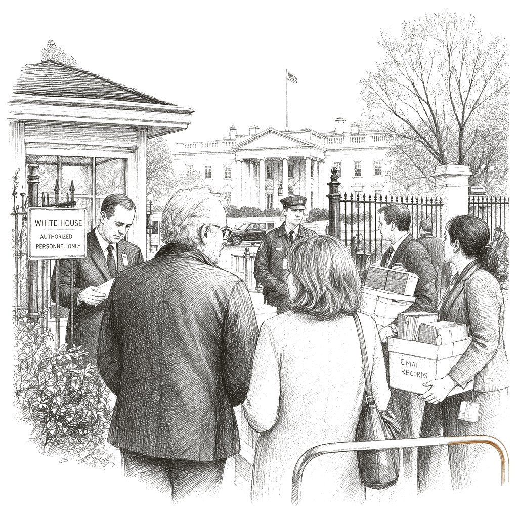 Illustration accompanying article: New Epstein documents show Woody Allen visited White House in 2015