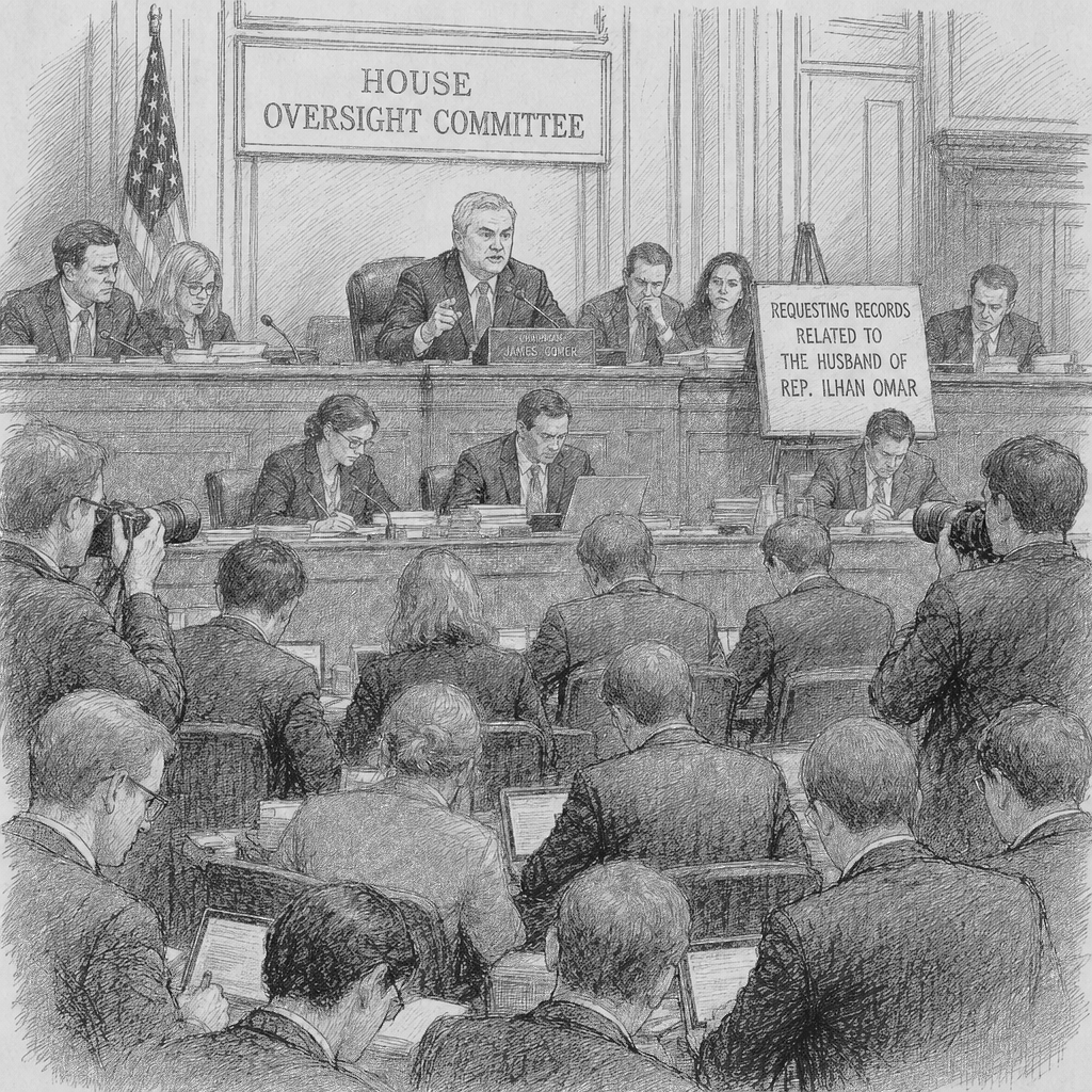 Illustration accompanying article: Republican oversight chair Comer asks records tied to Omar’s husband