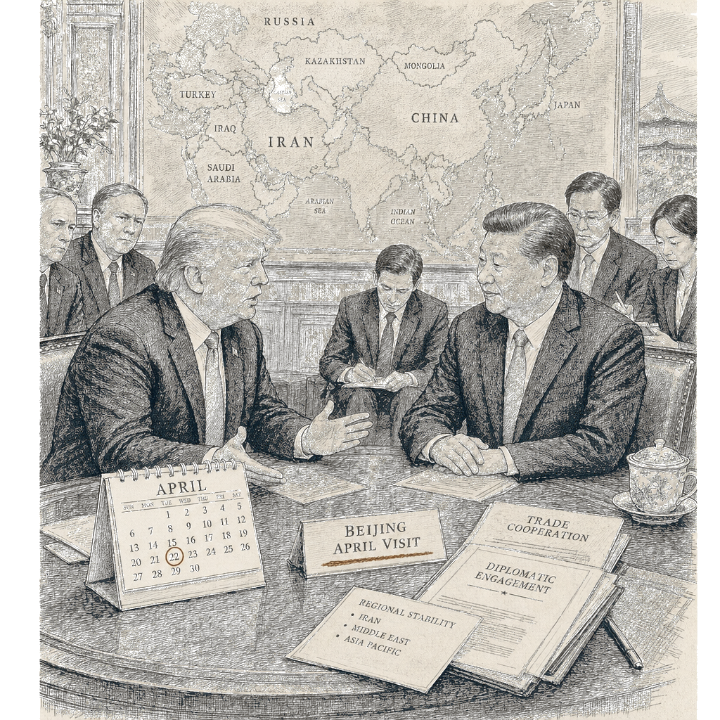 Illustration accompanying article: Trump says he discussed Iran with Xi and plans April Beijing visit