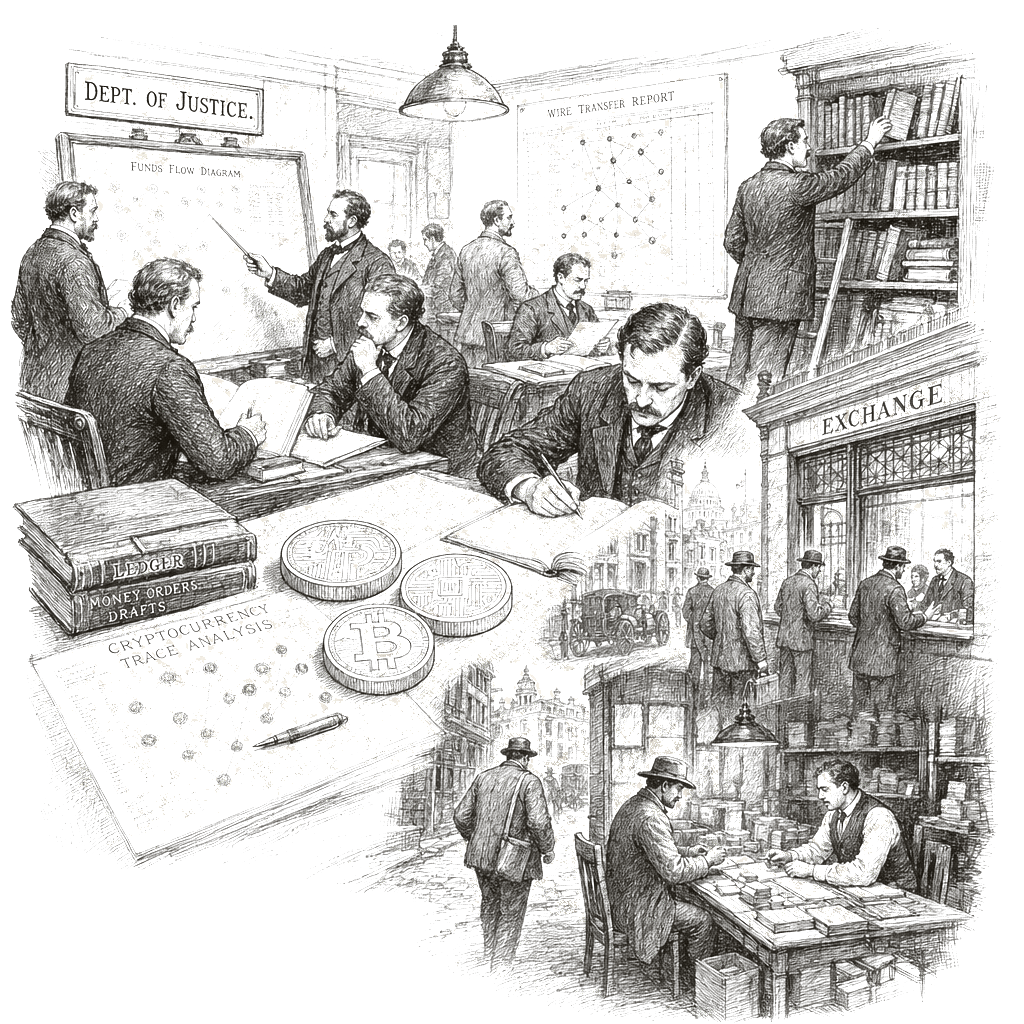 Illustration accompanying article: Justice Department targets cartels’ financial networks with cryptocurrency