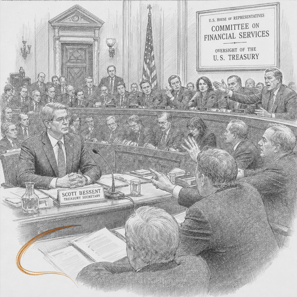 Illustration accompanying article: Treasury Secretary Bessent sparring with lawmakers as hearing turns heated