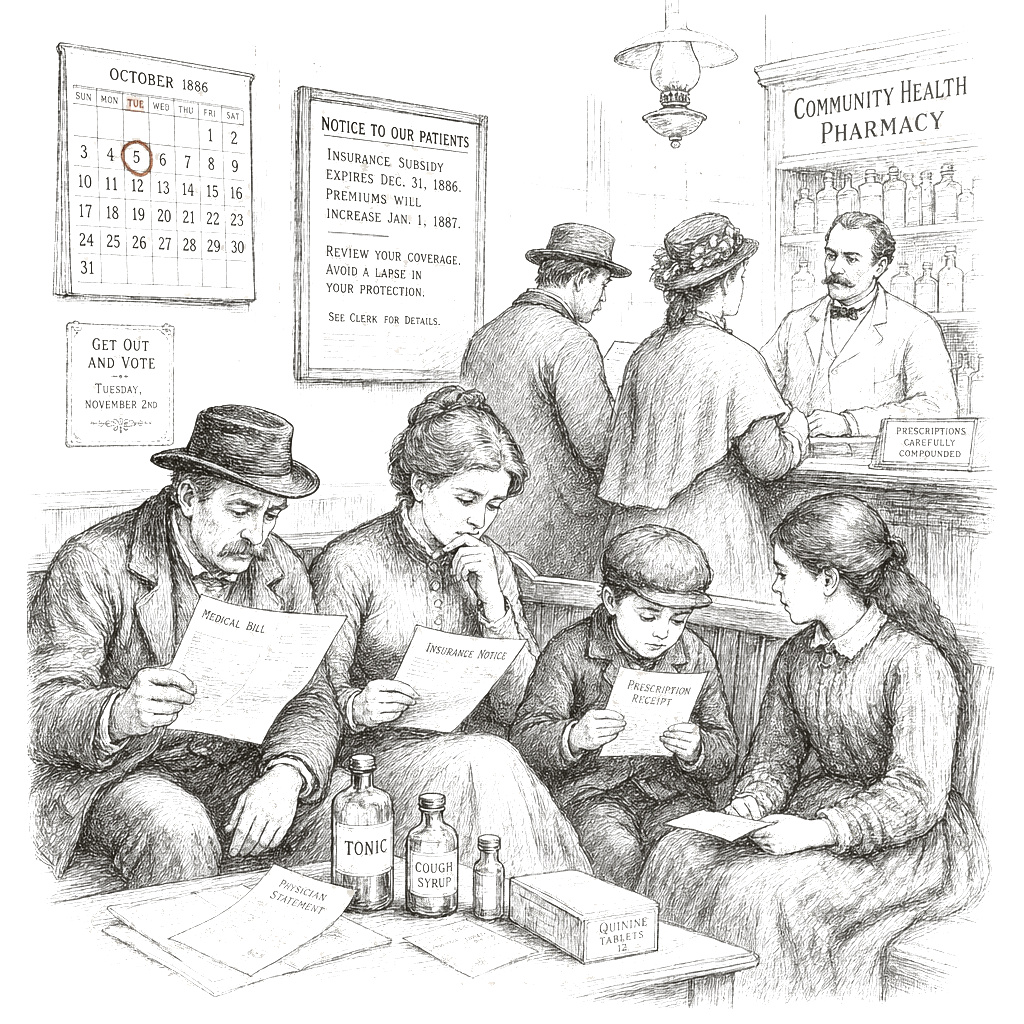 Illustration accompanying article: Health costs top Democrats’ midterm message as ACA subsidies expire