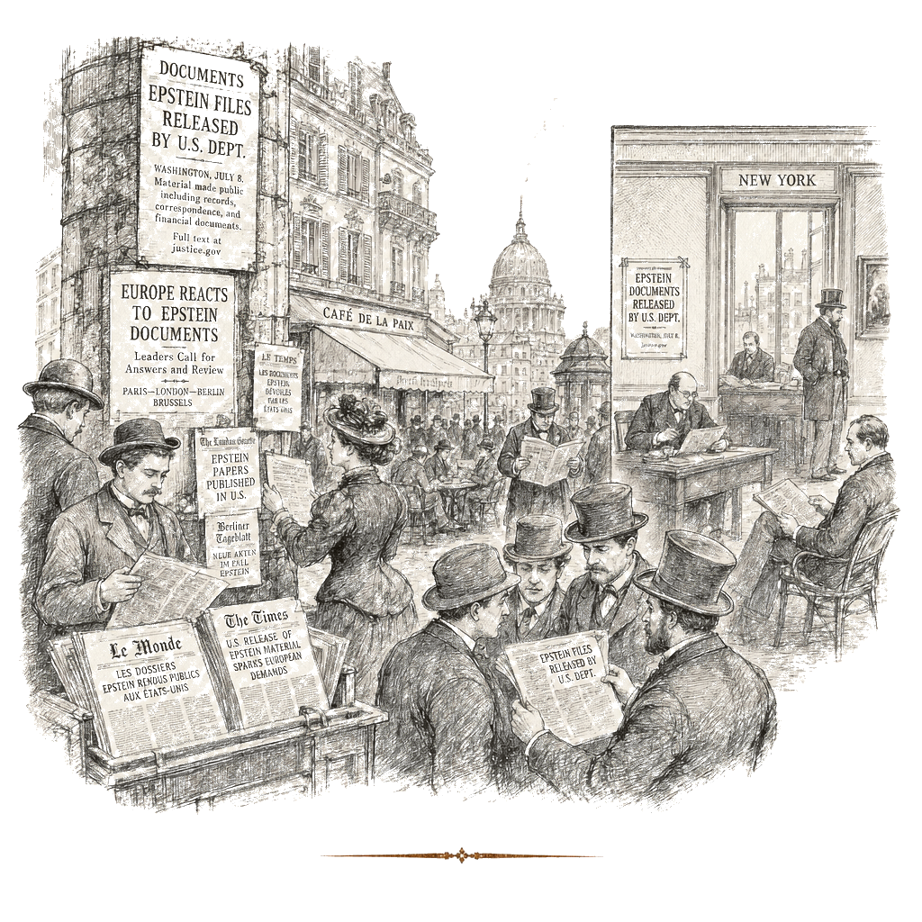 Illustration accompanying article: Jeffrey Epstein files roil Europe as US fallout stays more muted