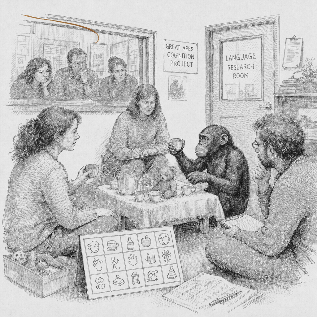 Illustration accompanying article: New study tests whether captive ape Kanzi can play pretend