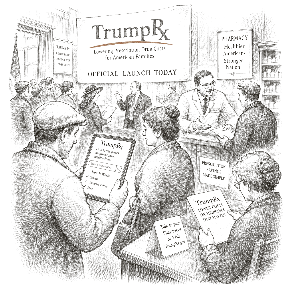 Illustration accompanying article: Trump administration launches TrumpRx website for discounted prescription drugs