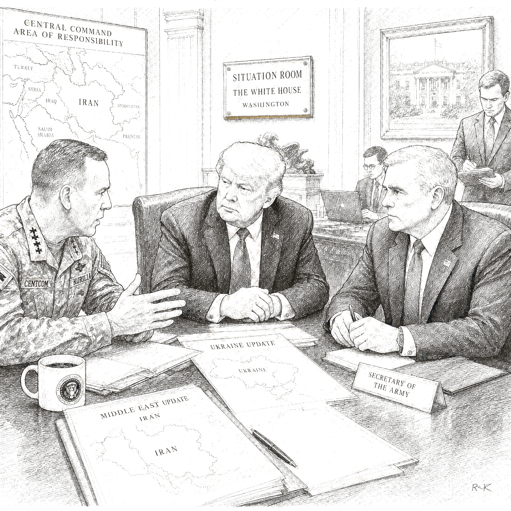 Illustration accompanying article: Trump taps CENTCOM commander, Army secretary for diplomacy on Iran, Ukraine