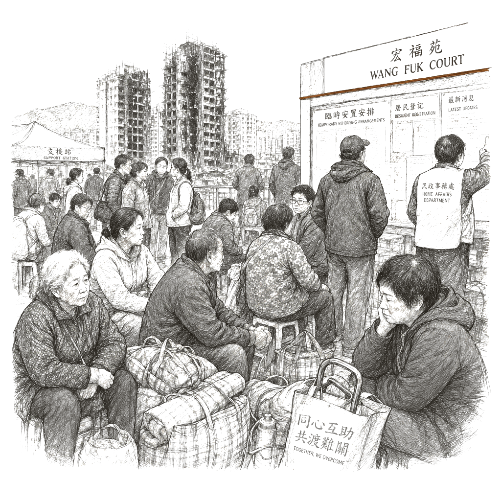 Illustration accompanying article: Hong Kong fire survivors at Wang Fuk Court wait for resettlement plans