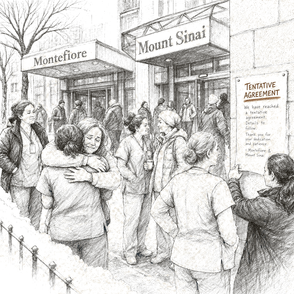Illustration accompanying article: NYC nurses reach deal to end strike at Montefiore and Mount Sinai