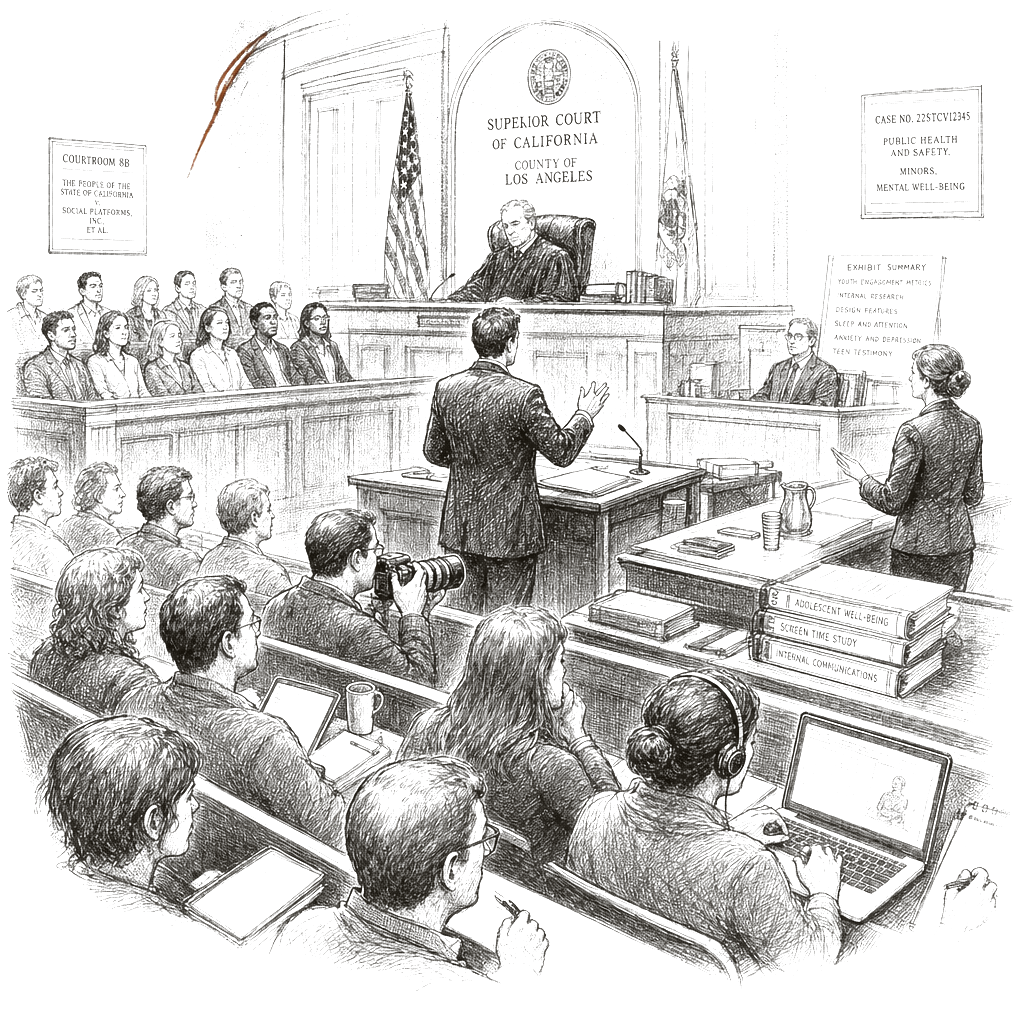 Illustration accompanying article: Landmark social media addiction trial begins in Los Angeles