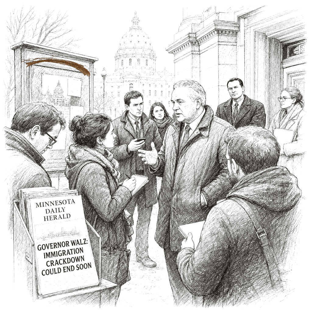 Illustration accompanying article: Walz says federal immigration crackdown in Minnesota could end soon