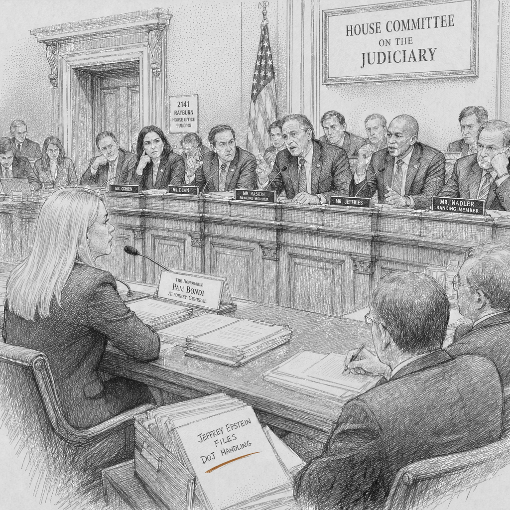 Illustration accompanying article: Bondi clashes with House Judiciary as Epstein files fight spills over