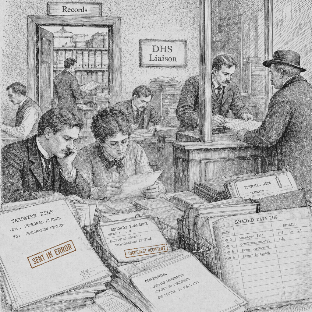 Illustration accompanying article: Court filing says IRS mistakenly shared taxpayer data with DHS