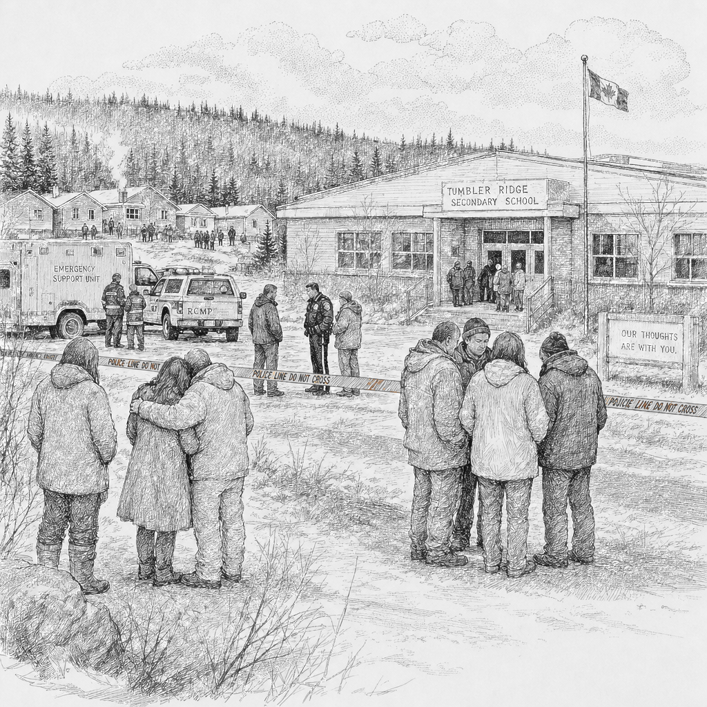Illustration accompanying article: Shootings in Tumbler Ridge, British Columbia, leave 10 dead