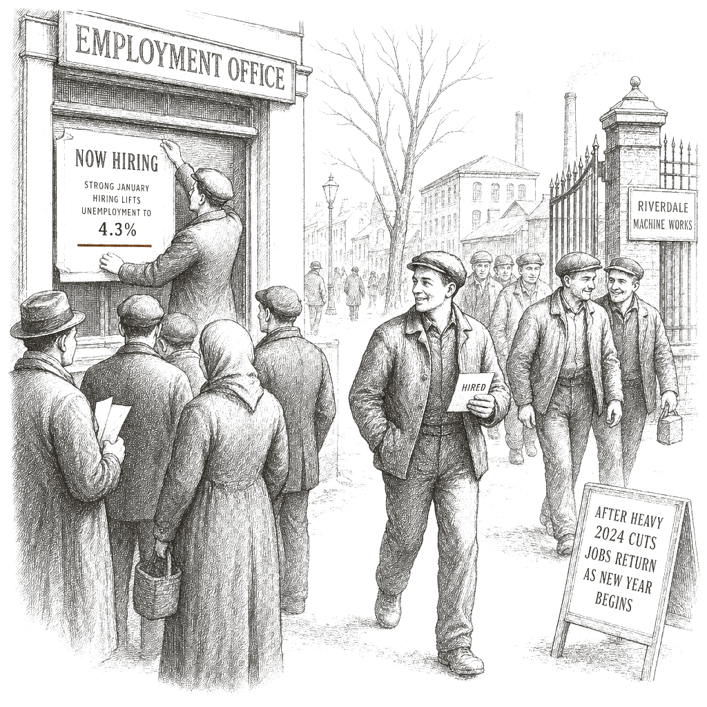 Illustration accompanying article: Strong January hiring lifts unemployment to 4.3% after heavy 2024 cuts