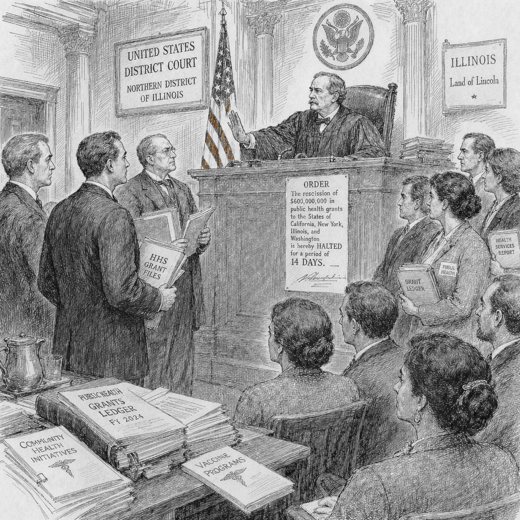 Illustration accompanying article: Judge blocks Trump administration’s $600M health grant cuts to 4 states