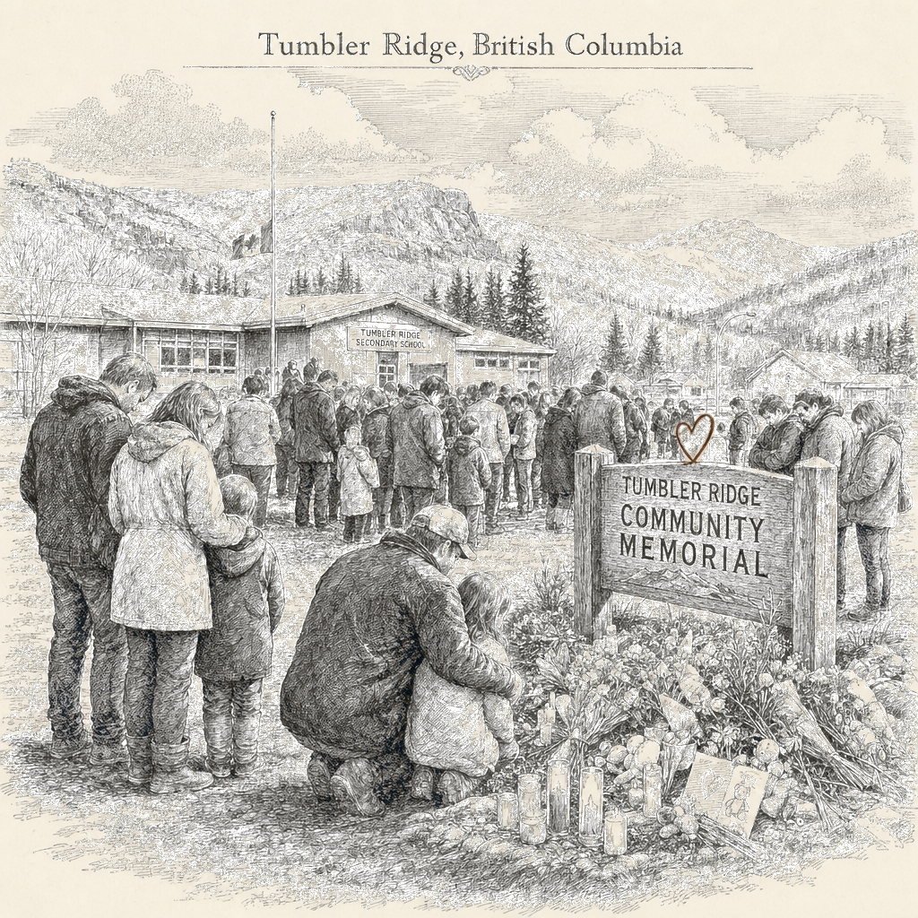 Illustration accompanying article: Remote Tumbler Ridge community grieves after deadly school shooting