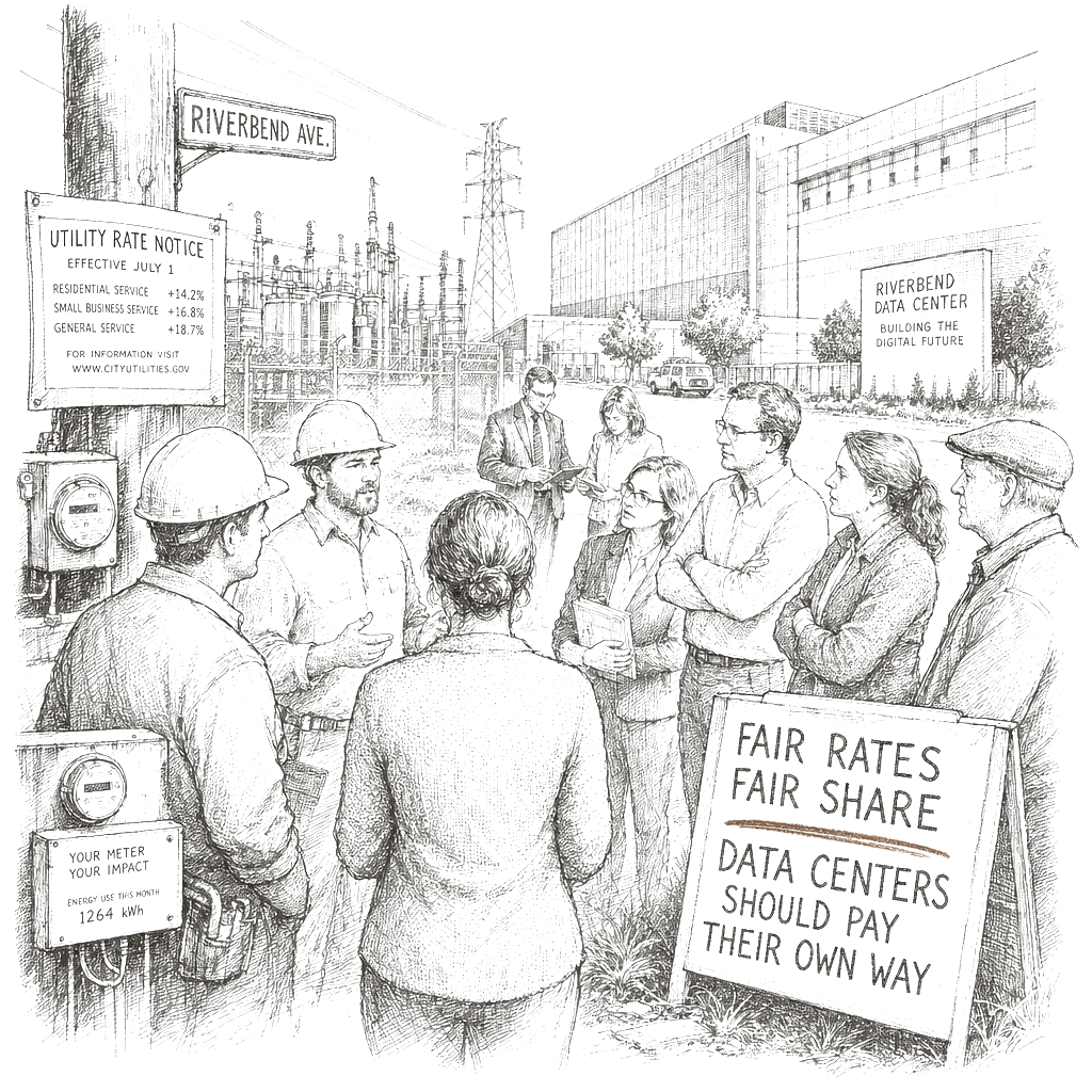 Illustration accompanying article: Rising energy costs fuel calls for data centers to pay their own way