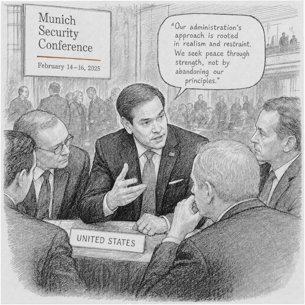 Illustration accompanying article: Rubio reassures allies at Munich Security Conference while sticking to Trump line