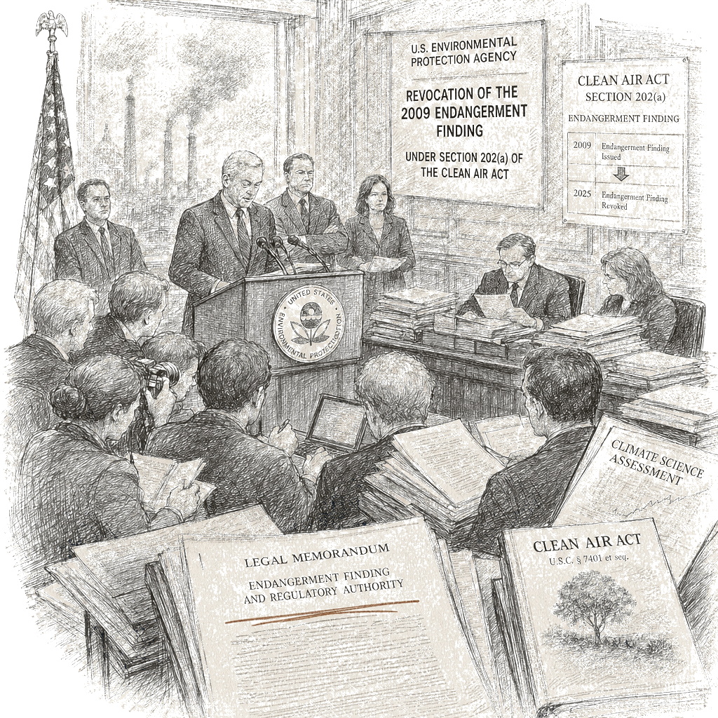 Illustration accompanying article: Trump EPA revokes 2009 endangerment finding underpinning Clean Air Act rules
