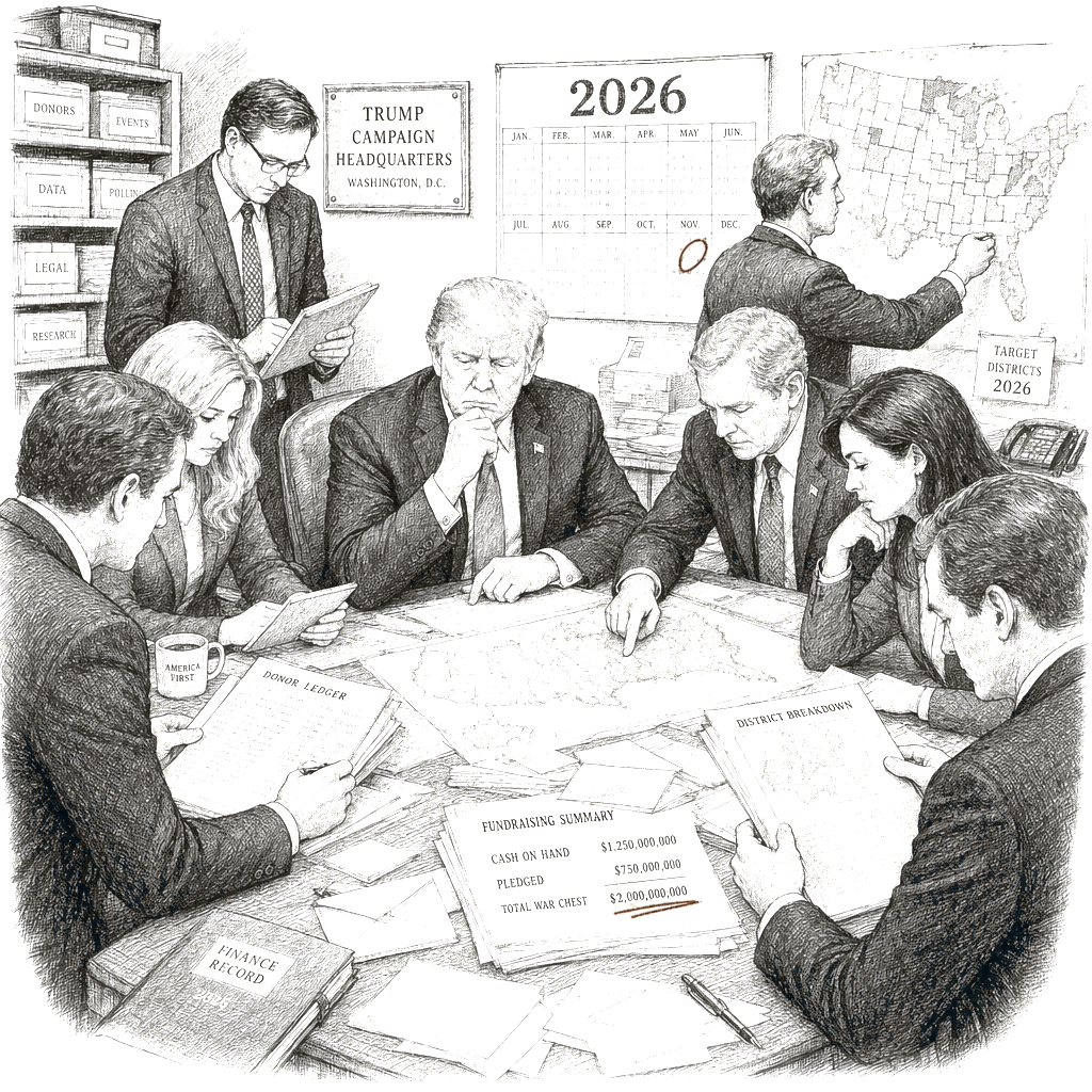 Illustration accompanying article: Trump’s fundraising war chest could reshape the 2026 midterms
