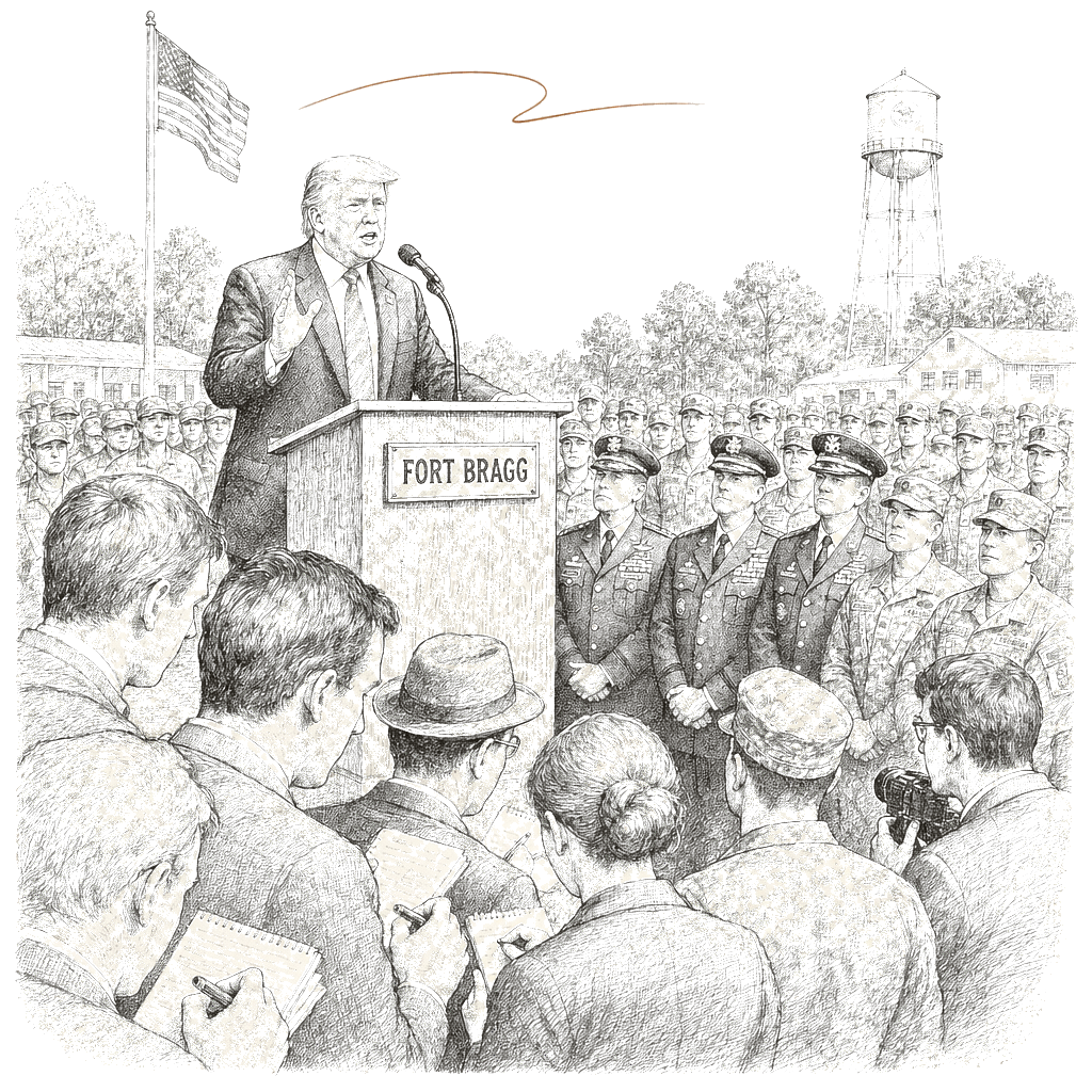 Illustration accompanying article: Trump tells Fort Bragg Maduro raid showed U.S. is “feared” by enemies