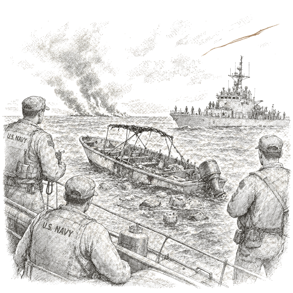 Illustration accompanying article: U.S. military strikes another alleged drug boat in Caribbean, killing 3