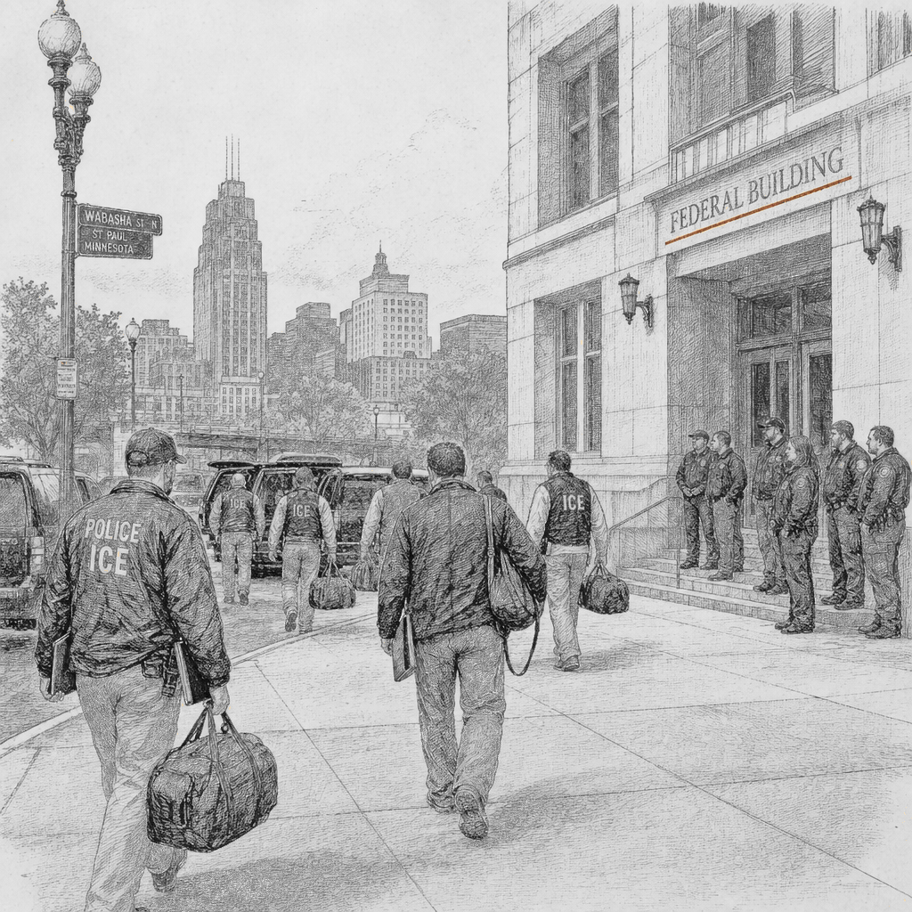 Illustration accompanying article: Homan says “small” security force will remain in Minnesota