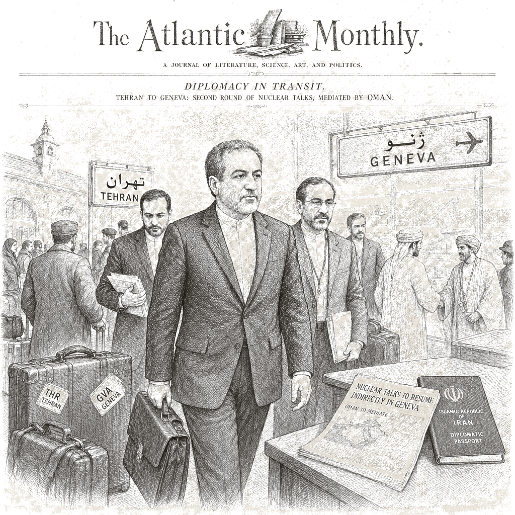 Illustration accompanying article: Iran’s top diplomat heads to Geneva for US nuclear talks mediated by Oman