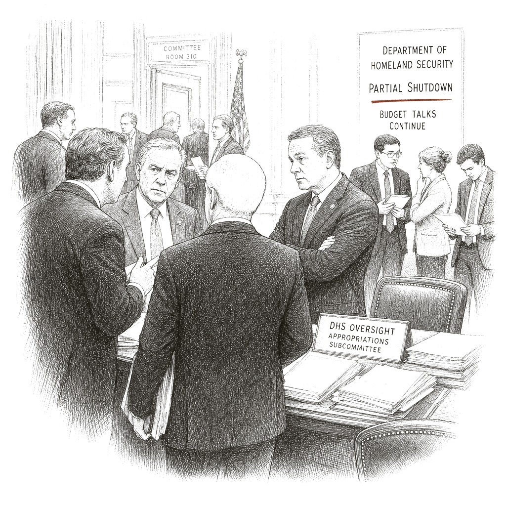 Illustration accompanying article: No clear path to ending partial shutdown as DHS oversight talks stall
