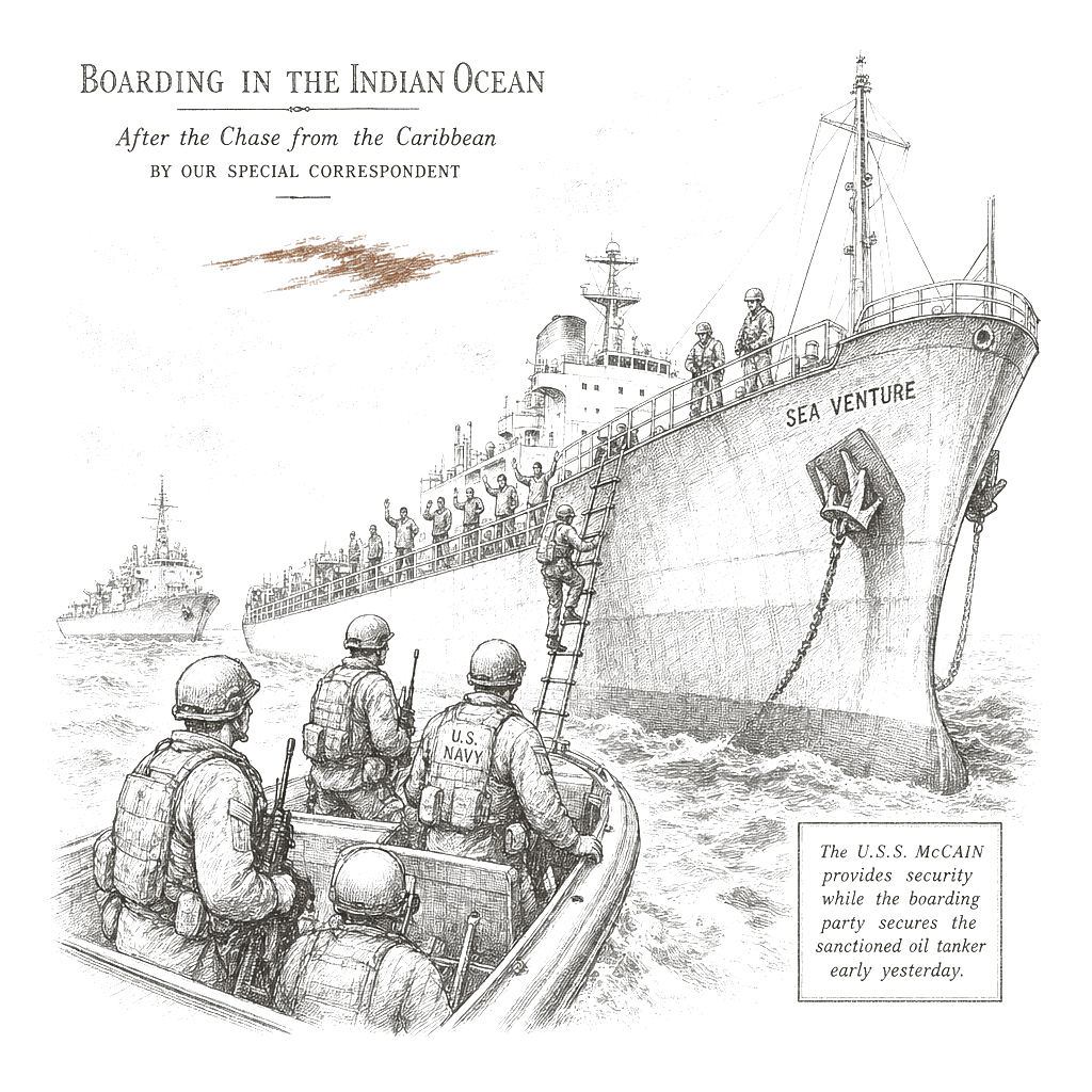 Illustration accompanying article: US military boards sanctioned oil tanker in Indian Ocean after Caribbean chase
